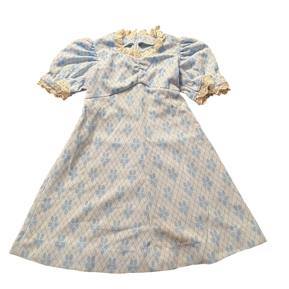 Vintage Girls Blue & White Dress Floral Puff Sleeves Lace Trim Handmade Prop